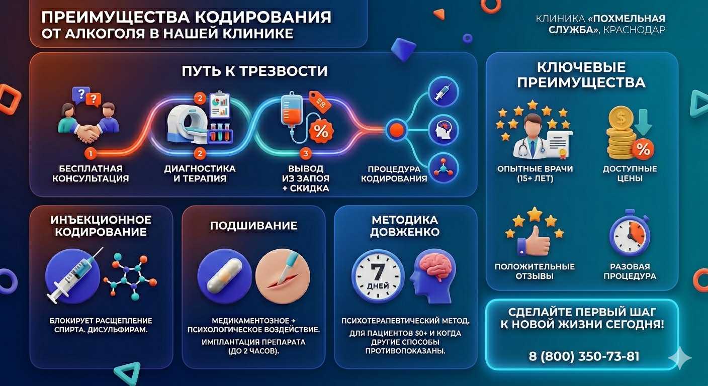 Инфографика о методах кодирования от алкоголя в Краснозатонском: инъекции, подшивание, метод Довженко. Преимущества клиники и этапы лечения.