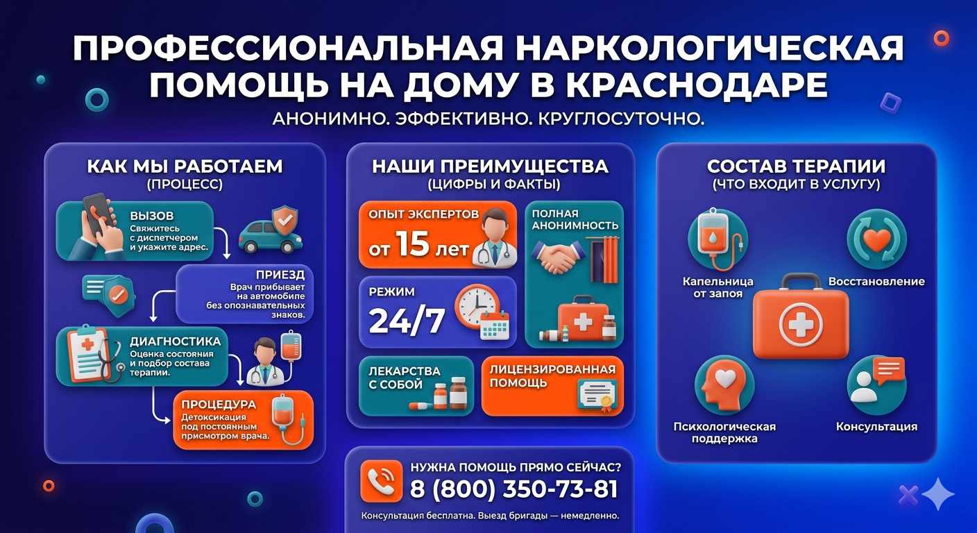 Инфографика о принципах лечения алкоголизма на дому в Краснозатонском: этапы вызова нарколога, преимущества анонимной детоксикации и состав медицинской помощи.